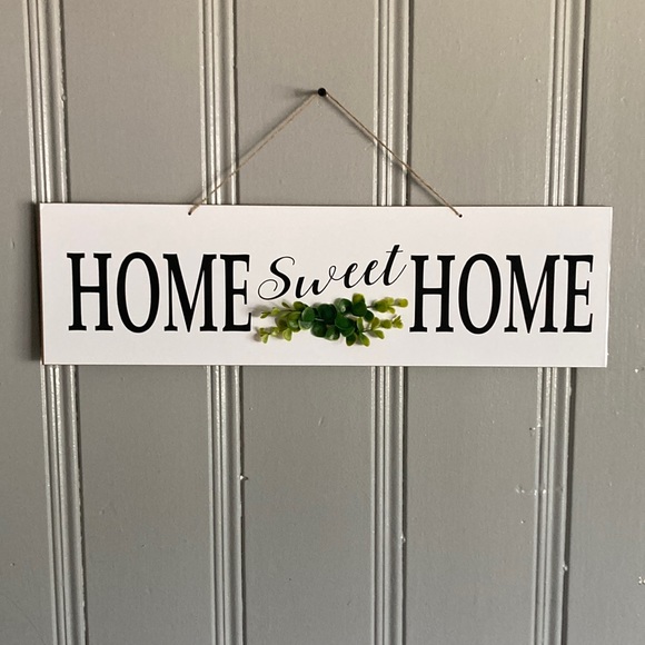 NWT White w/ Black HOME SWEET HOME 🍃 Horizontal Wooden Decor Sign w/ Greenery - Picture 7 of 13